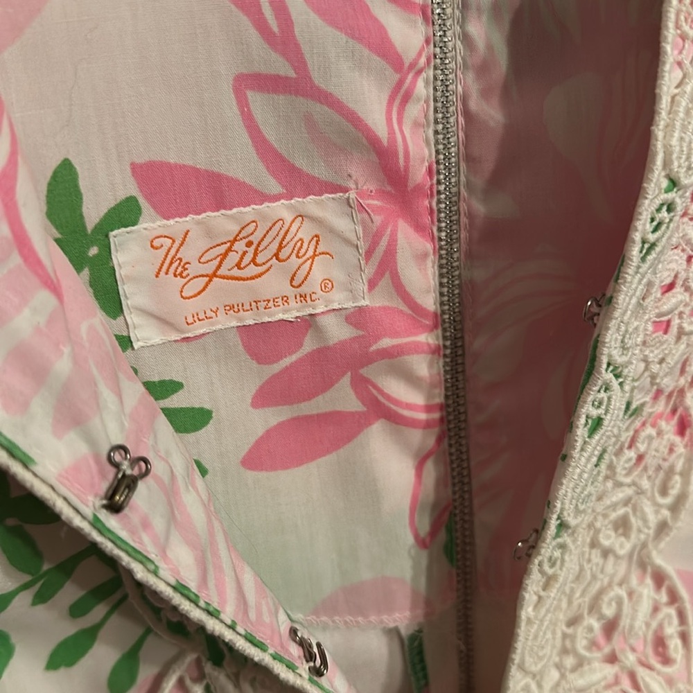 Vintage Lilly Pulitzer Floral Pink and Green Maxi Kaftan Dress with Lace Trim - Picture 3 of 3